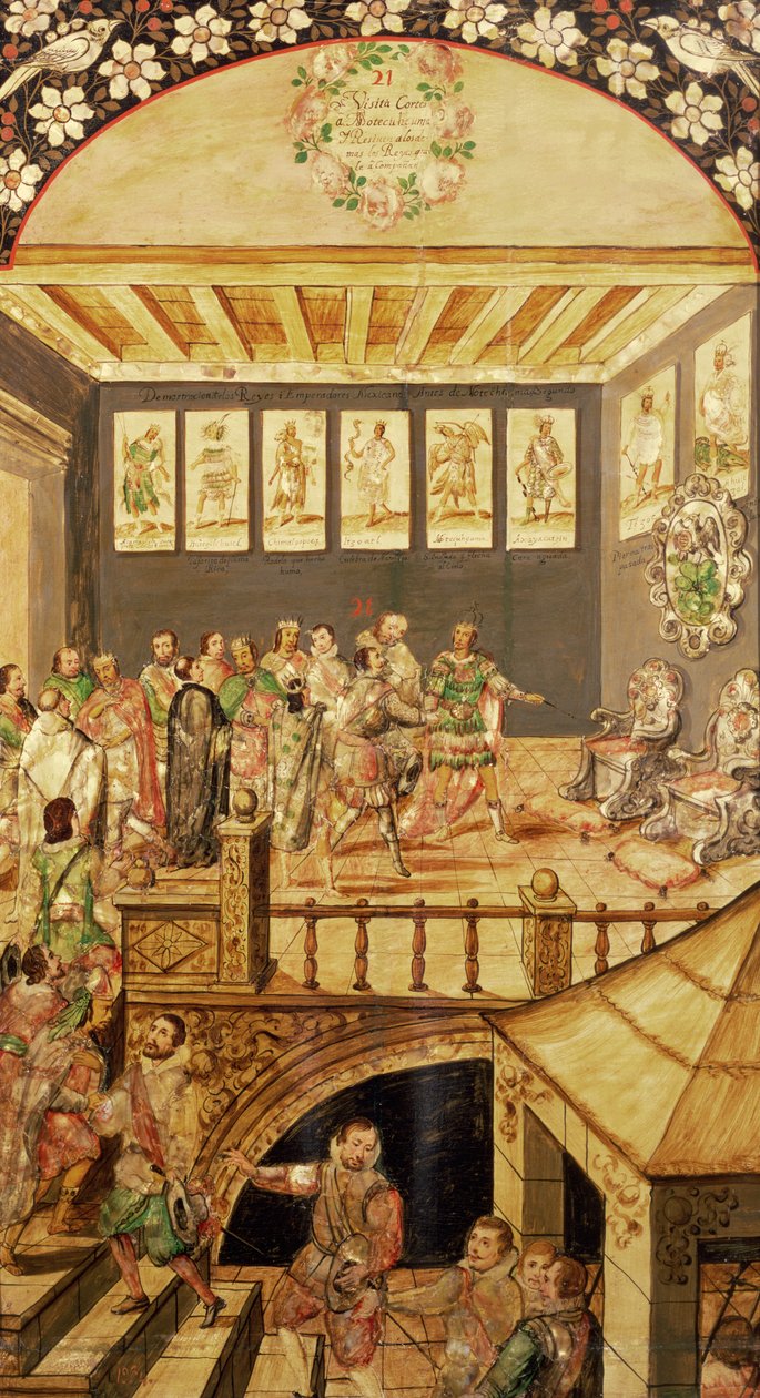 Meksikon valloitus: Hernando Cortesin (1485-1547) vierailu Montezuman (1466-1520) luona vuonna 1520, 1698. tekijältä Miguel and Juan Gonzalez