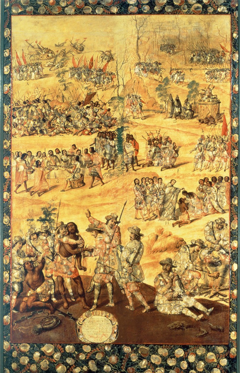 Hernando Cortesin (1485-1547) ja Montezuman (1466-1520) kohtaaminen, Meksikon valloituksen paneeli tekijältä Miguel and Juan Gonzalez