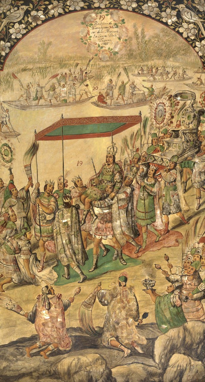 Montezuman tervetuloa (Moctezuma, Moteuczoma, Motecuhzoma) (1466-1520) - Hernan Cortes par Gonzalezin, Miguelin ja Juanin Meksikon valloitus (aktiivinen 1600-luvun loppu). Öljy puulle, koko: 97x53 tekijältä Miguel and Juan Gonzalez
