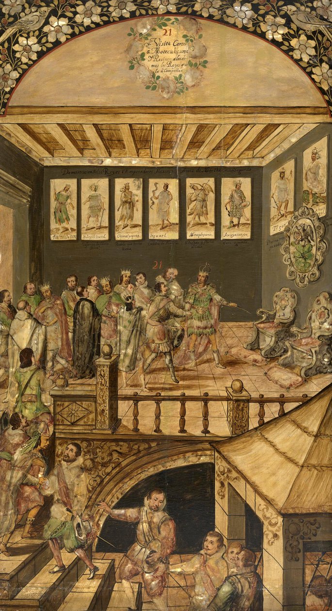 Hernando Cortesin (1485-1547) vierailu Montezumassa (Moctezuma, Moteuczoma, Motecuhzoma) (1466-1520) vuonna 1520 - Hernan Cortes par Gonzalezin, Miguelin ja Juanin Meksikon valloitus (aktiivinen 17. s.). Öljy puulle, koko: 97x53 tekijältä Miguel and Juan Gonzalez