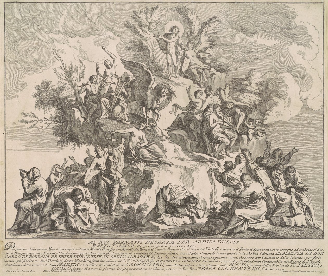 Chinean Prima Macchina vuodelta 1739: Parnassus-vuori Apollon, Musien ja Pegasuksen kanssa tekijältä Miguel de Sorellò, after Pierre Parrocel, after Michelangelo Specchi