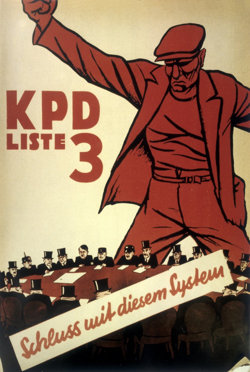 Saksan kommunistisen puolueen (KPD) juliste "Pois järjestelmästä", joka on tuotettu kovan poliittisen kilpailun aikana 1932. tekijältä Mihaly Biro