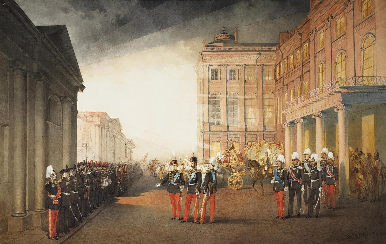 Paraati Anichkovin palatsin edessä Pietarissa, 1870 tekijältä Mihaly von Zichy