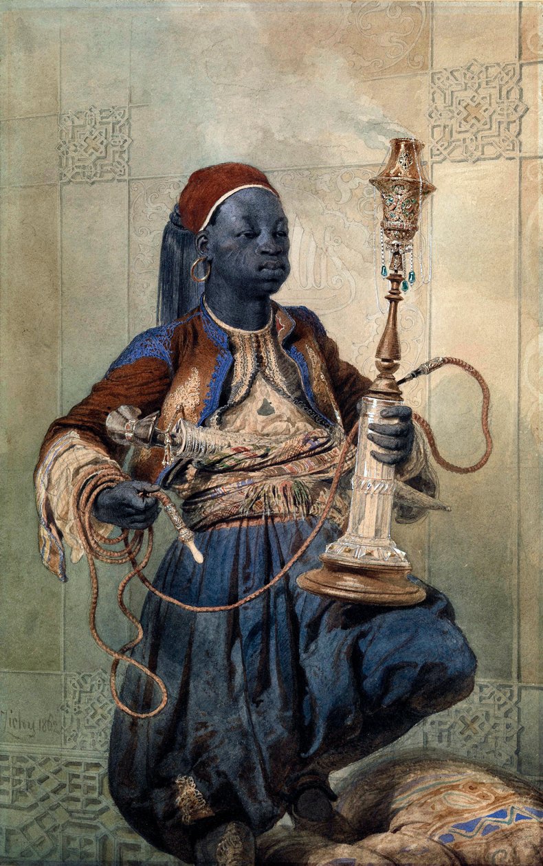 ""Nubian muotokuva vesipiipulla"" (Nubian vesipiippulla) Akvarelli Mihaly Zichy (1827-1906) 1862 Koko 49,5x31 cm Yksityiskokoelma tekijältä Mihaly von Zichy