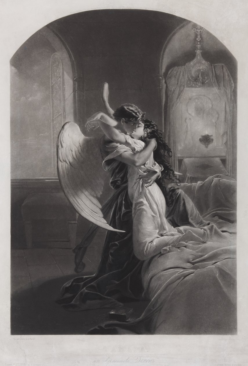 Tamara ja Demon. Kuvitus Mikhail Lermontovin runoon Demoni, n. 1880 tekijältä Mihaly von Zichy
