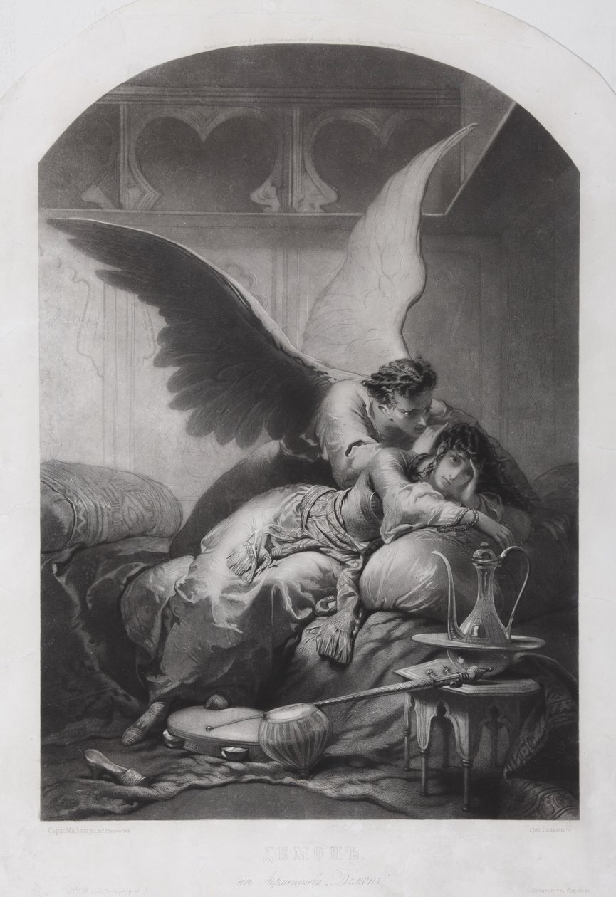 Tamara ja Demon. Kuvitus Mikhail Lermontovin runoon Demoni, n. 1880 tekijältä Mihaly von Zichy