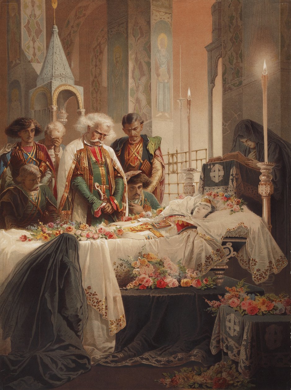 Tamara arkussa. Kuvitus Mikhail Lermontovin runoon Demoni, n. 1880 tekijältä Mihaly von Zichy