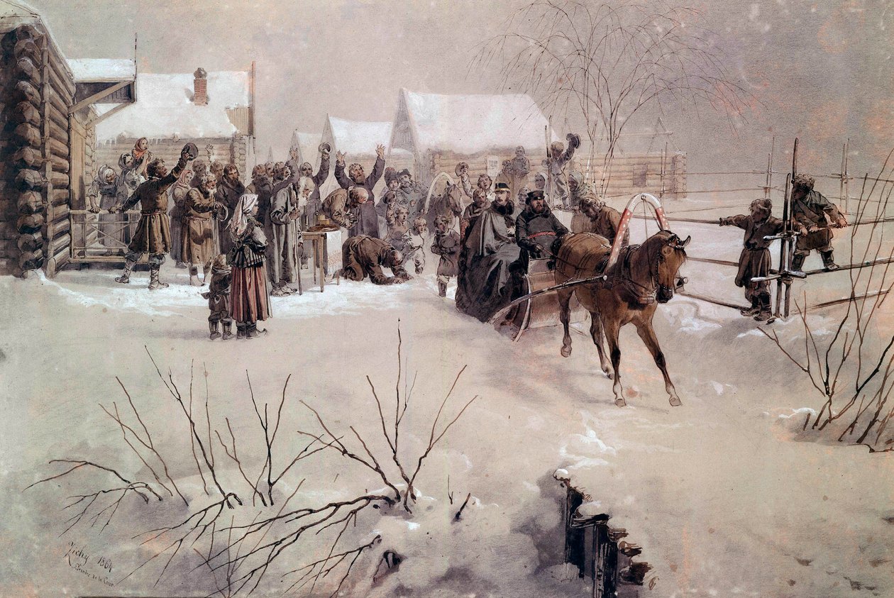 Tsaari Aleksanteri II (1818-1881) reki ylittää kylän lumen alla Mihaly von Zichyn (1827-1906) akvarelli 1800-luvun Pietari, Chateau de Peterhof tekijältä Mihaly von Zichy