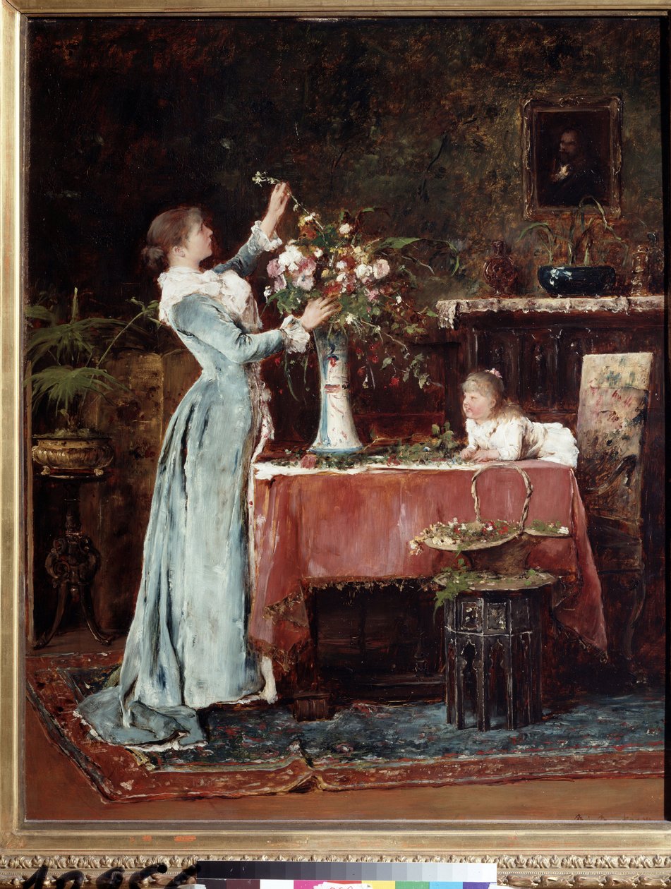 ""La kompozicion du bouquet"" (Kimpun säveltäminen) Keskiluokkainen (unkarilainen?) nainen valmistelee kukkakimpun, tyttärensä katsomassa häntä. Mihaly Munkacsyn (1844-1900) maalaus noin 1880 Pushkin-museo, Moskova tekijältä Mihály Munkácsy