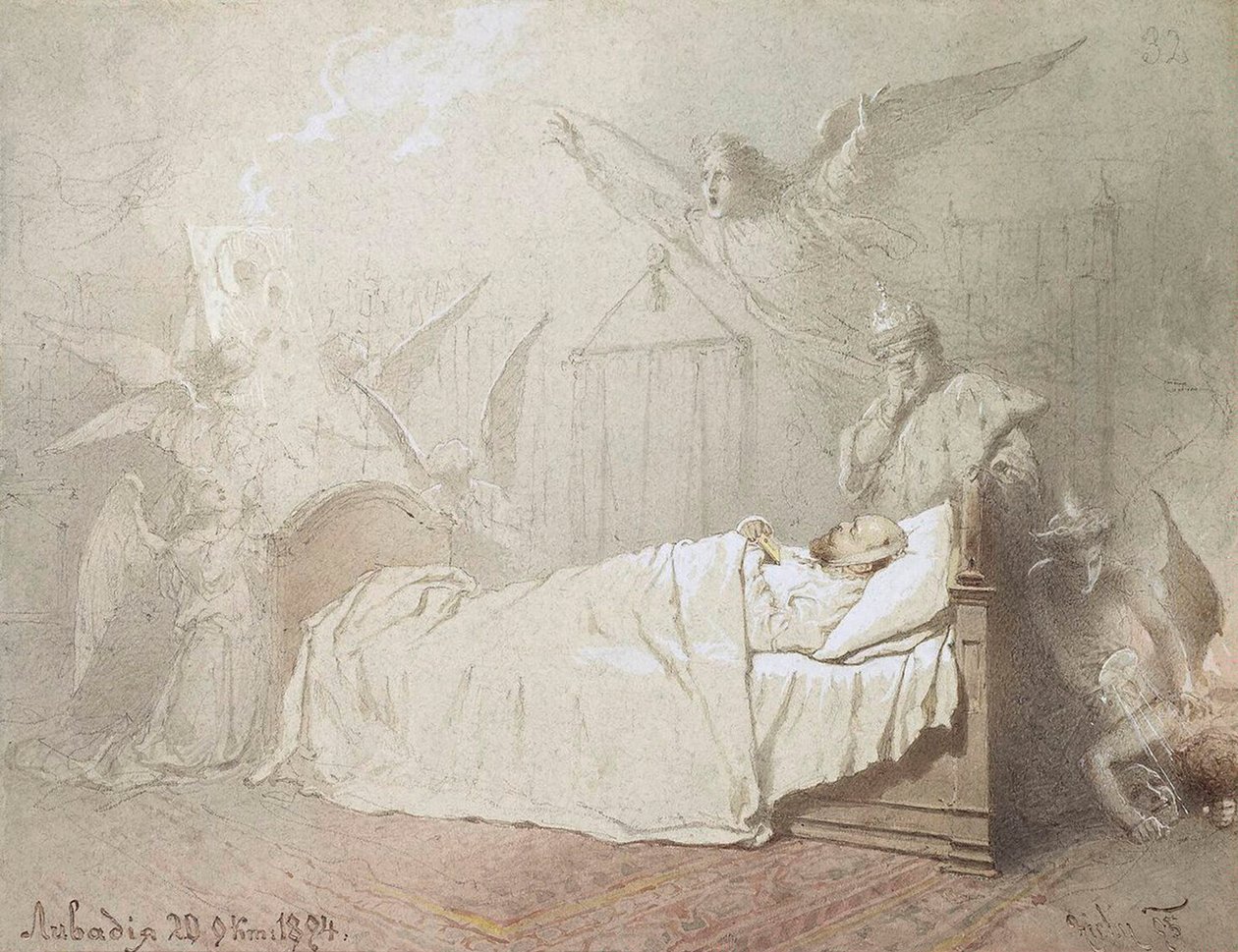 Aleksanteri III kuolinvuotellaan enkelien ympäröimänä, 1895. tekijältä Mihály Zichy