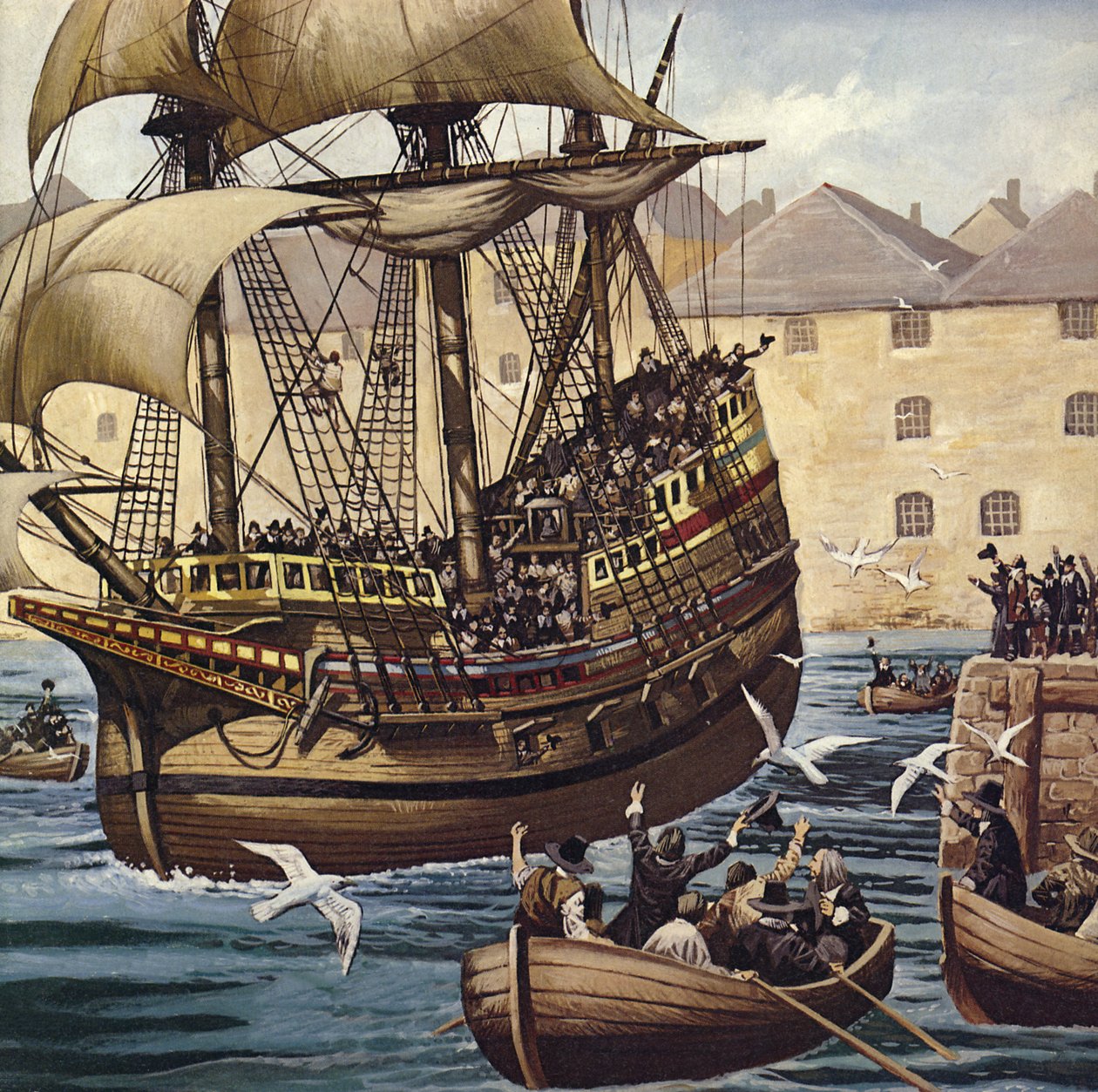 Westward Ho! Mayflower lähtee Plymouth Ho:sta 16. syyskuuta 1620 (värilitografia). tekijältä Mike (20th century) White