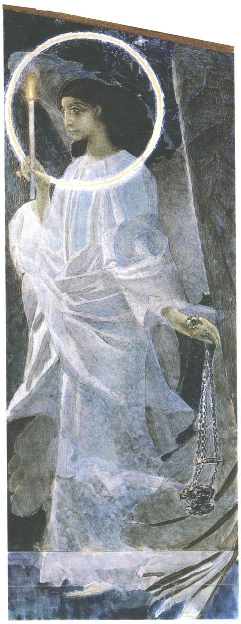 Enkeli kynttilän kanssa, 1887 (wc, kynä ja lakka paperille) tekijältä Mikhail Aleksandrovich Vrubel