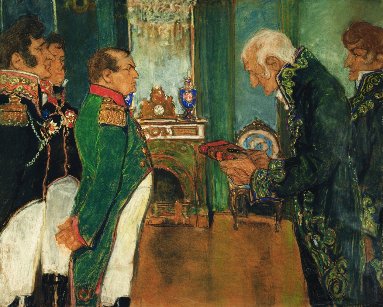 Jean-Baptiste de Lamarck luovuttamassa kirjan Zoological Philosophy keisari Napoleon Bonapartelle, 1920 pastelli paperille tekijältä Mikhail Dmitrievich Ezuchevsky