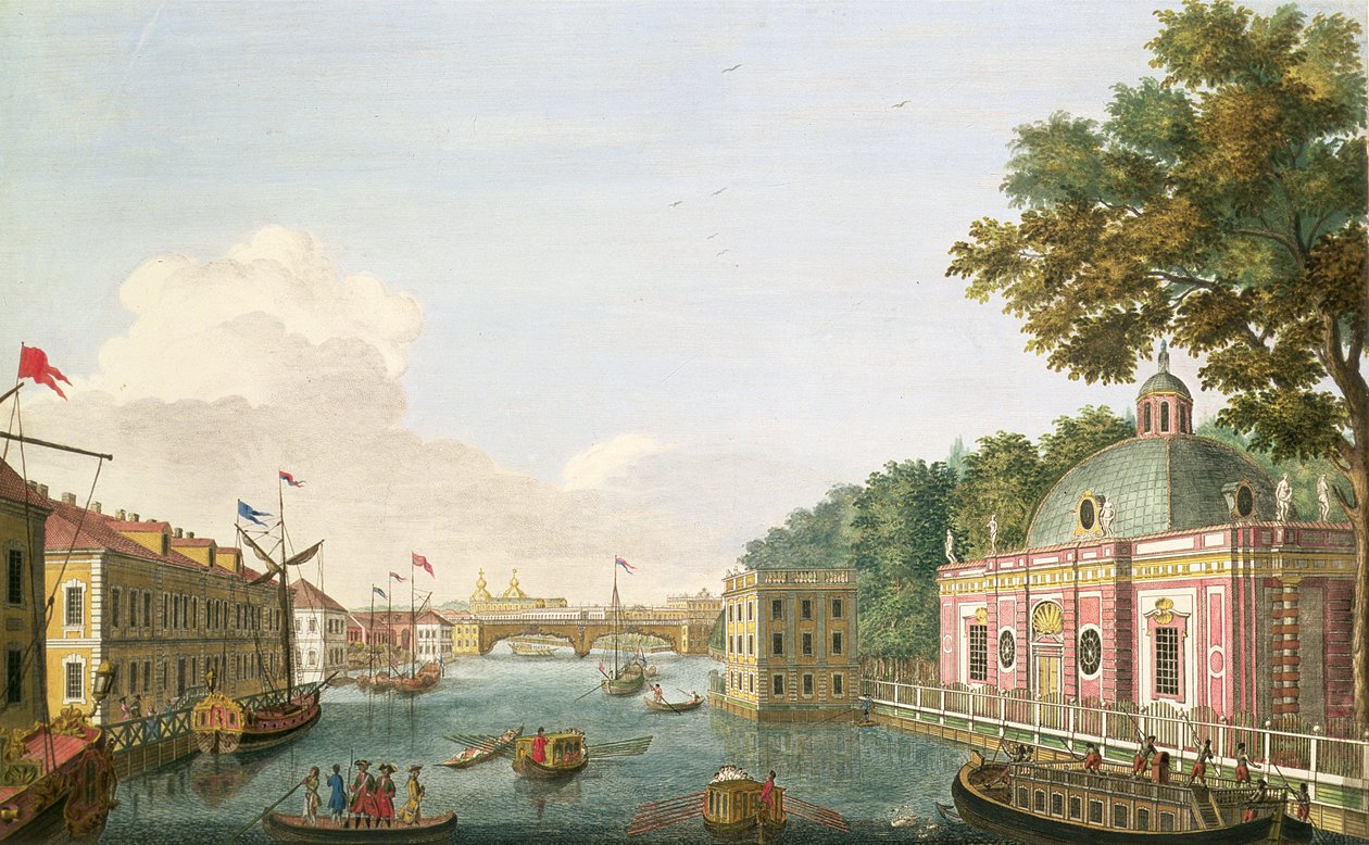 Näkymä Fontanka-joelle luolasta ja Vieraspalatsista, kaiverrus Grigory Anikievich Kachalov (171112-1759), 1753 (etsaus kaiverruksella) tekijältä Mikhail Ivanovich Makhaev