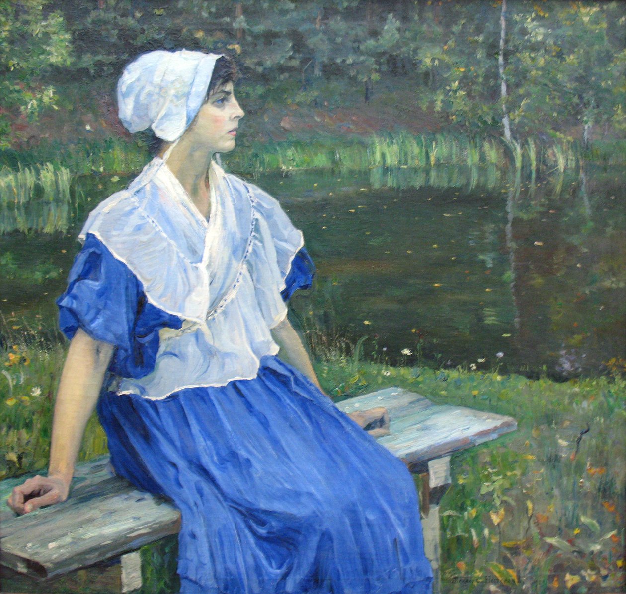 Tyttö lammen rannalla N.M.Nesterovan muotokuva, 1923n Saksa: Madchen am Teich Muotokuva von N.M.Nesterova, 1923n: .., 1923n tekijältä Mikhail Vasilievich Nesterov