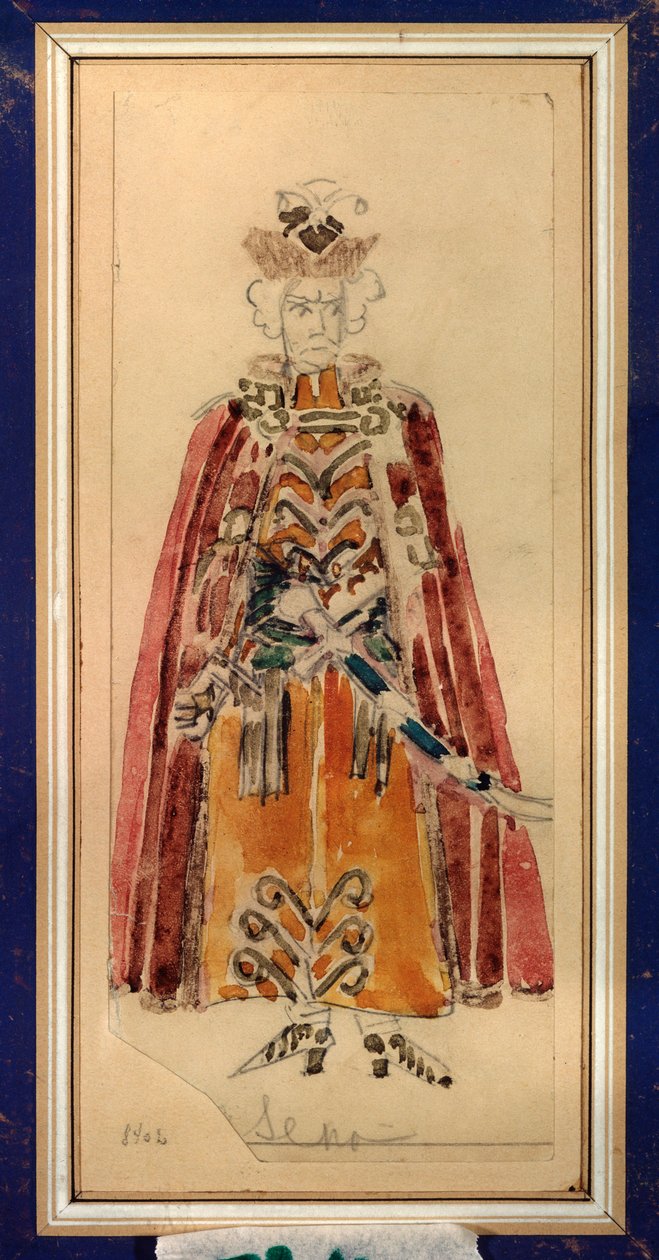 Valmisteleva puku Piotr Tšaikovskin (1840-1893) oopperaan "Mazepa" (P Tšaikovskin Mazepa-oopperan pukusuunnittelu) - Mihail Aleksandrovitš Vrubelin (Vrubel) (1856-1910) työ, kynä ja guassi paperille , Venäjän skenografista taidetta - St tekijältä Mikhail Aleksandrovich Vrubel