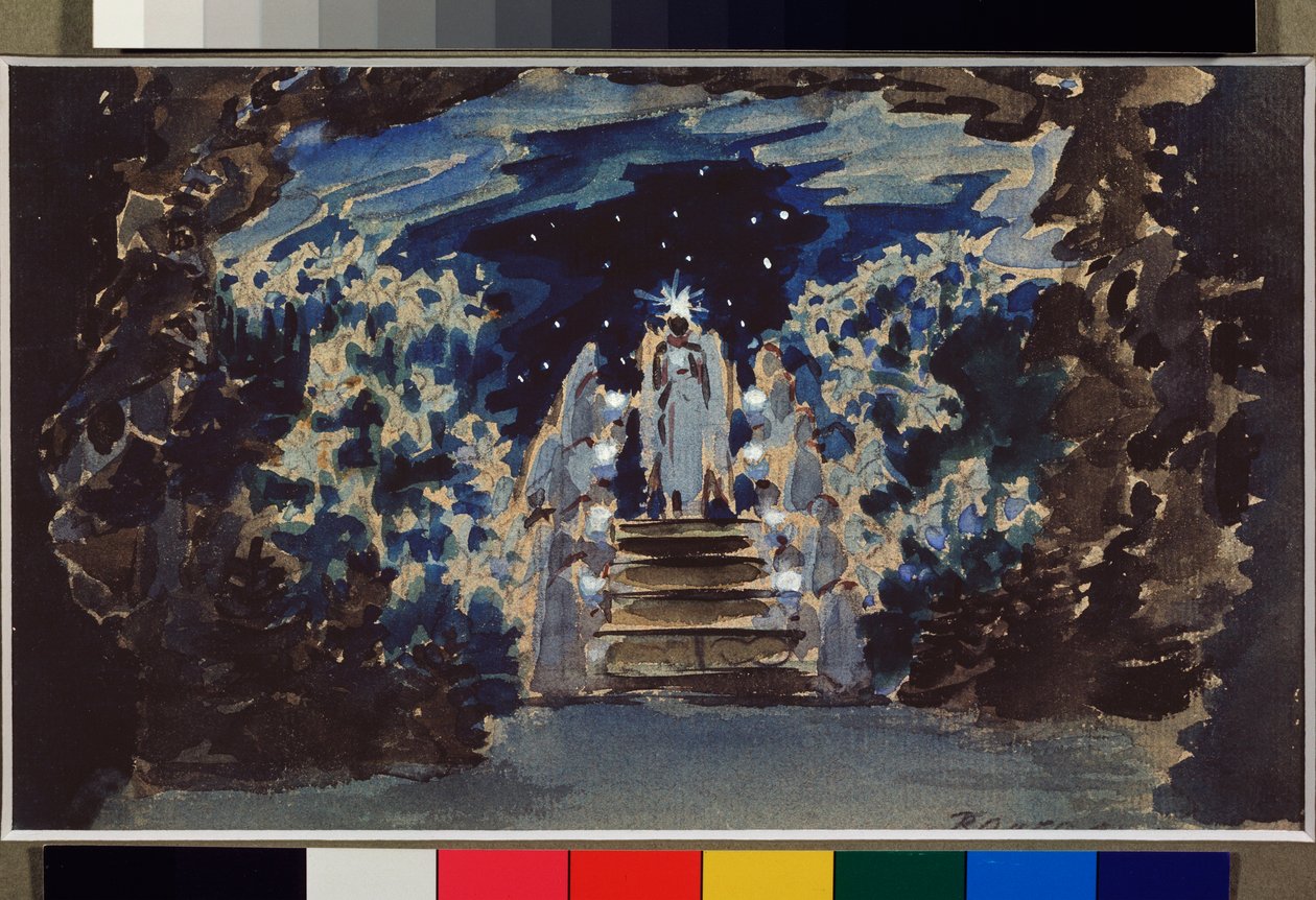 Engelbert Humperdinckin (1854-1921) oopperan "Hansel ja Kerttu" valmisteleva sisustus (Oopperan Hansel ja Kerttu) - Oeuvre de Mikhail Alexandrovich Vrubel (Vroubel) (1856-1910), värikynä, akvarelli ja guassi paperilla tekijältä Mikhail Aleksandrovich Vrubel