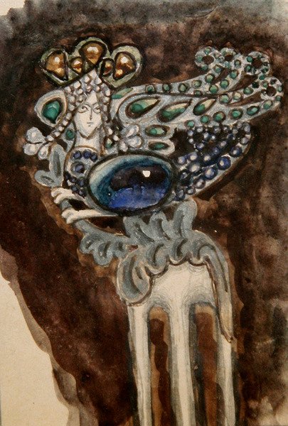 Prinsessa Maria Tenishevan koristekampauksen luonnos, noin 1900-10 (vesiväri paperille). tekijältä Mikhail Aleksandrovich Vrubel