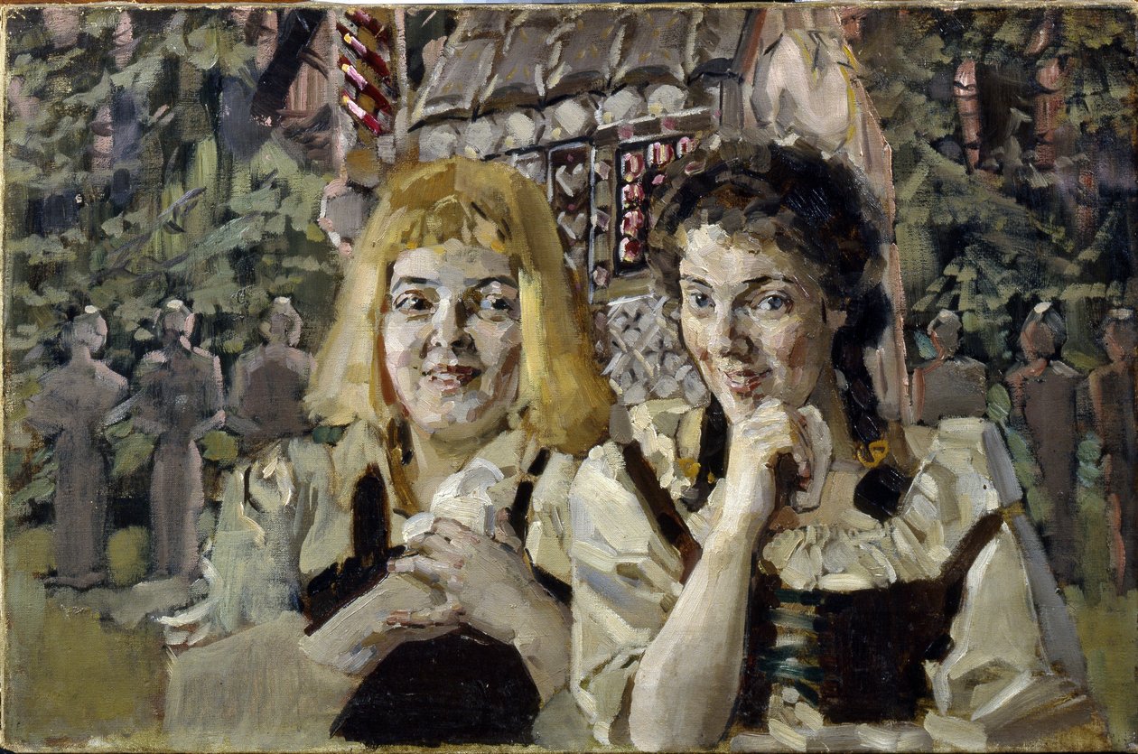 Hansel ja Kerttu (Hansel ja Kerttu). Muotokuvia kahdesta lapsesta tarinasta veljekset Jacob (1785-1863) ja Wilhelm (1786-1859) Grimm, ahnein silmin karkkitalon edessä. Mihail Aleksandrovich Vrubel (Vrubel) (1856-1910) maalaus, öljymaalaus tekijältä Mikhail Aleksandrovich Vrubel