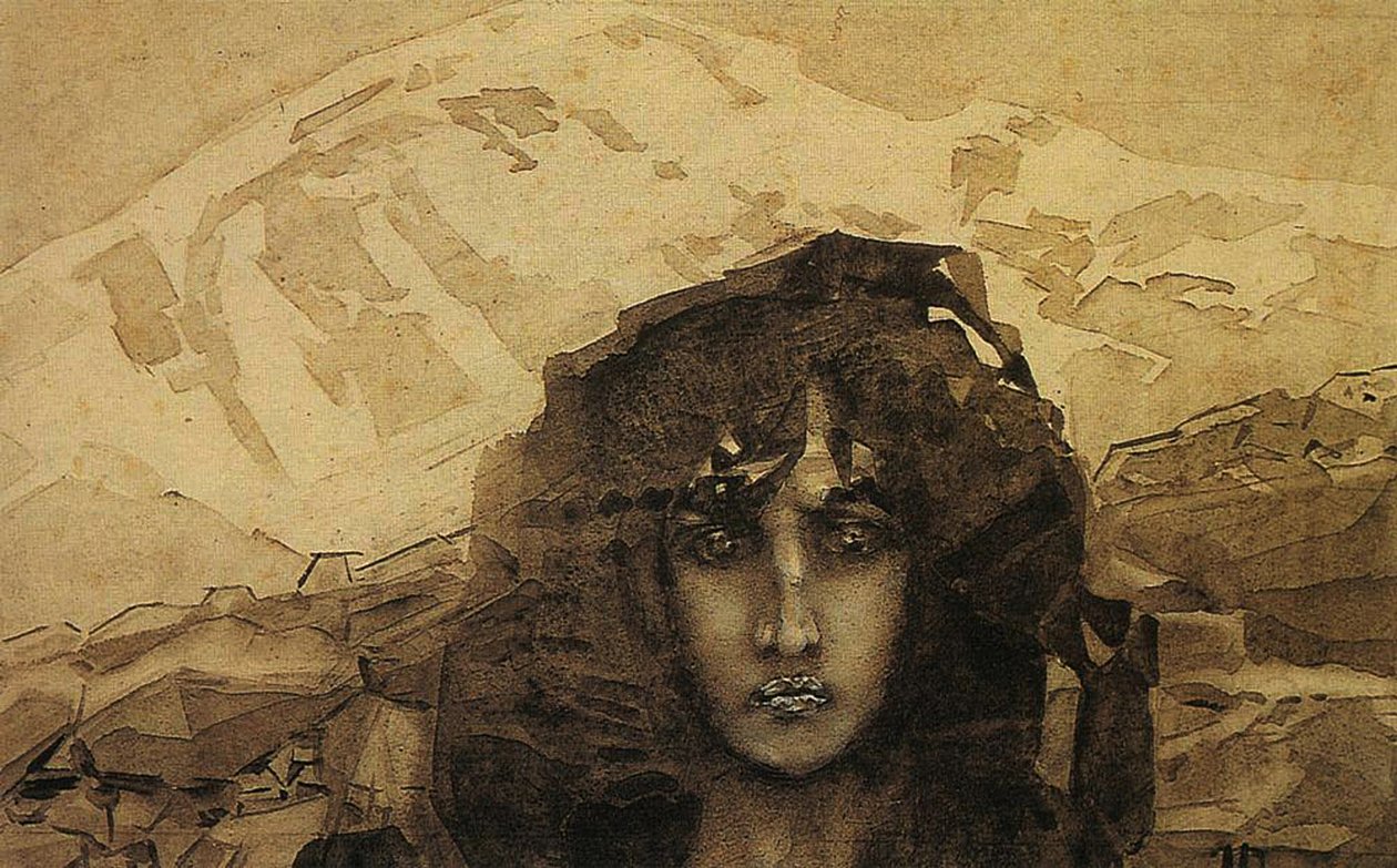 Demonin pää, 1890 (wc kartongille) tekijältä Mikhail Aleksandrovich Vrubel
