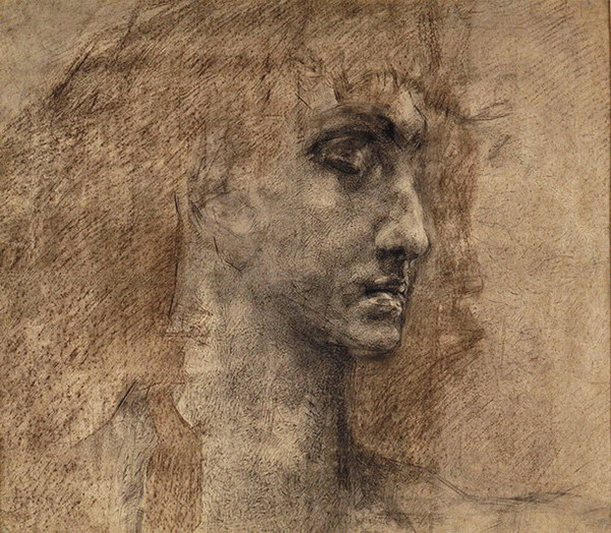 Enkelin pää, 1887 (hiili ja punainen värikynä paperilla) tekijältä Mikhail Aleksandrovich Vrubel