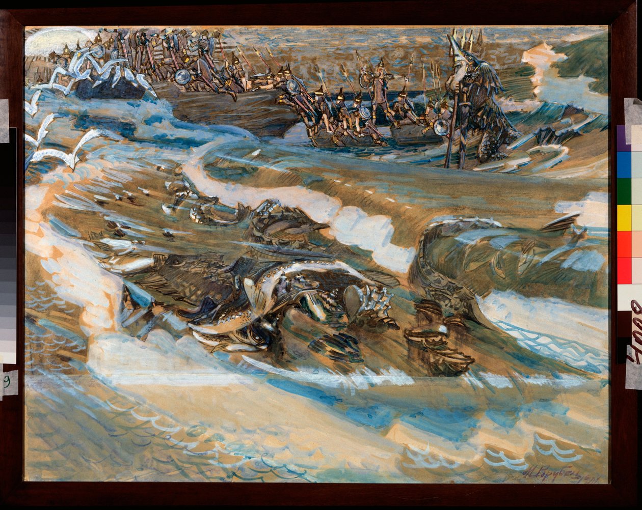 Illustration pour le conte du tsar Saltan de Alexandre Pouchkine (1799-1837) (Pushkinin kuvitus tsaari Saltanin sadulle) - Mihail Aleksandrovitš Vrubelin (Vrubel) (1856-1910) työ, akvarelli, guassi, kulta ja kulta rahaa paperilla tekijältä Mikhail Aleksandrovich Vrubel