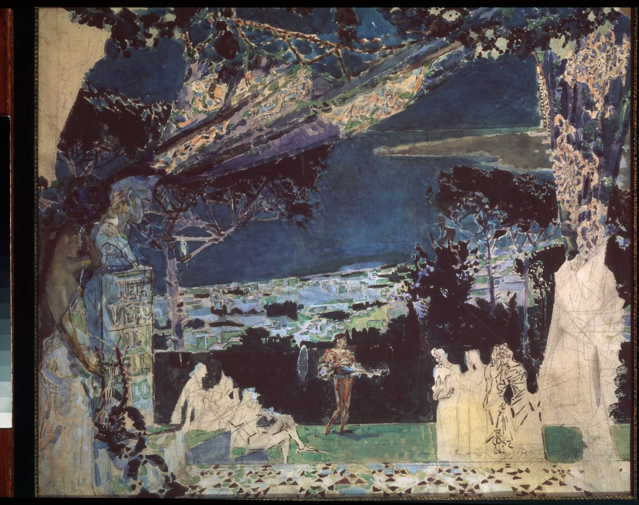 Italie, nuit a Napoli - Yksityisen venäläisen teatterin näyttämöverhon projekti (Italia, Night In Napoli, verhosuunnittelu yksityiselle venäläiselle teatterille) - Mihail Aleksandrovich Vrubelin (Vroubel) (1856-1910) työ, kynä ja akvarelli paperi tekijältä Mikhail Aleksandrovich Vrubel