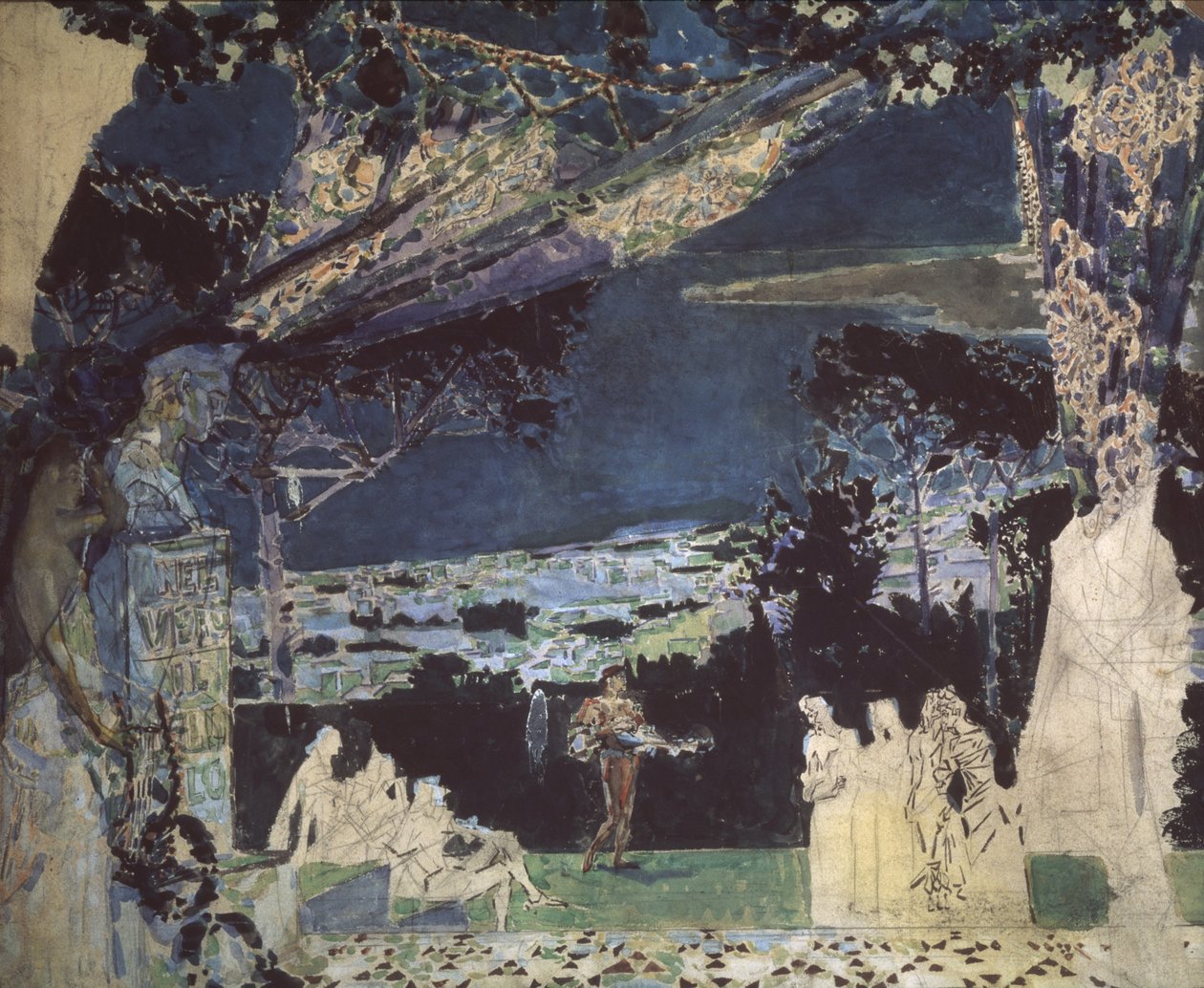 Italia. Yö Napolissa. Verhosuunnittelu yksityiseen venäläiseen oopperaan, 1891 tekijältä Mikhail Aleksandrovich Vrubel