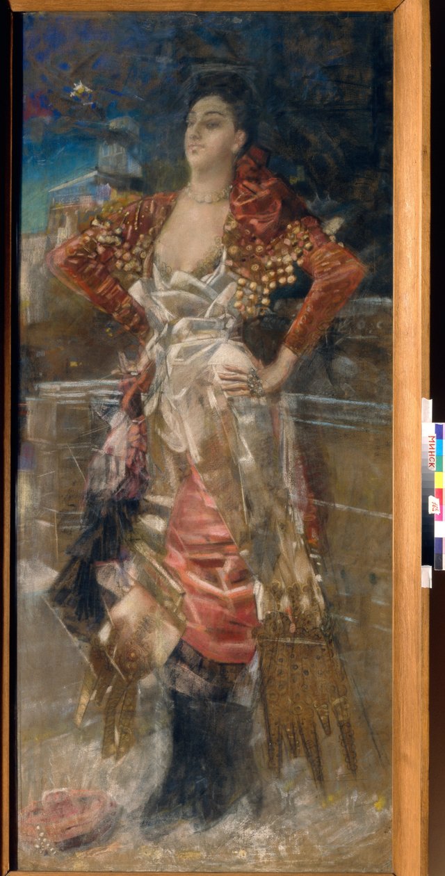 Muotokuva tanssija ja näyttelijä Caroline (Carolina) Oterosta, joka tunnetaan nimellä La Belle Otero (1868-1965). Belle Epoquen kurtisaani. Mihail Aleksandrovich Vrubelin (Vrubel) (1856-1910) työ, pastelli kankaalle tekijältä Mikhail Aleksandrovich Vrubel
