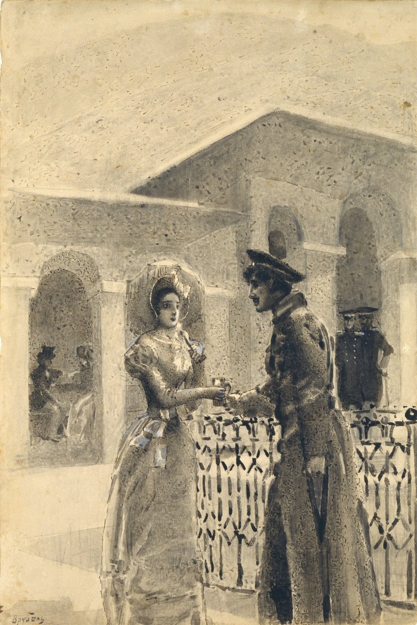 Prinsessa Mary ja Grushnitsky. Kuvitus Mihail Lermontovin romaaniin Aikamme sankari, 1891 tekijältä Mikhail Aleksandrovich Vrubel