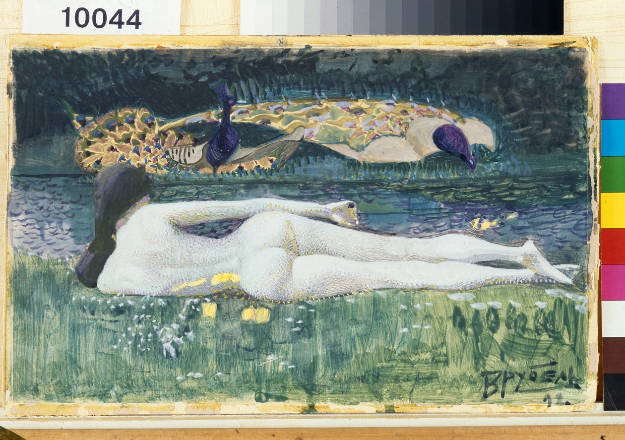 Alaston naisen siluetti, makaa, takaa, veden äärellä - Mihail Aleksandrovitš Vrubelin (Vrubel) taideteos (1856-1910) tekijältä Mikhail Aleksandrovich Vrubel