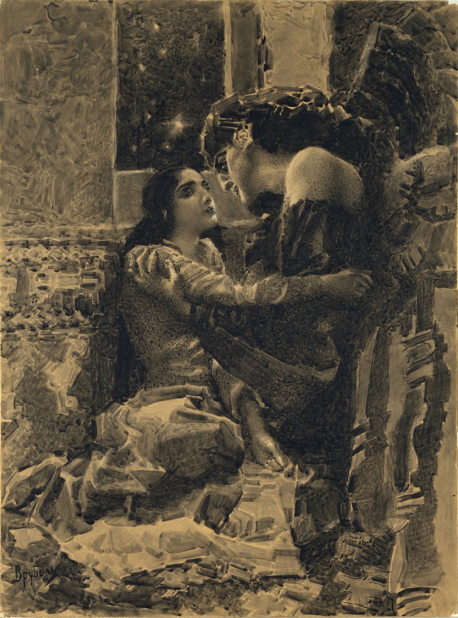 Tamara ja Demon. Kuvitus Mikhail Lermontovin runoon Demoni, 1890-1891 tekijältä Mikhail Aleksandrovich Vrubel