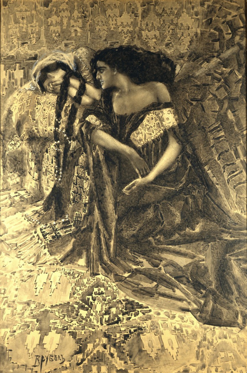 Tamara ja Demon. Kuvitus Mikhail Lermontovin runoon Demoni, 1890-1891 tekijältä Mikhail Aleksandrovich Vrubel