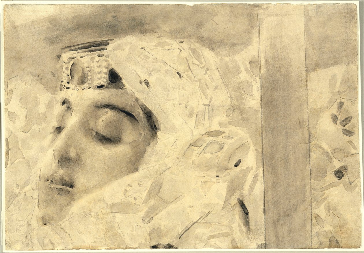 Tamara arkussa - Kuvitus Mihail Lermontovin (1814-1841) runosta "Demoni" - Mihail Aleksandrovich Vrubelin (Vrubel) (1856-1910) taideteos tekijältä Mikhail Aleksandrovich Vrubel