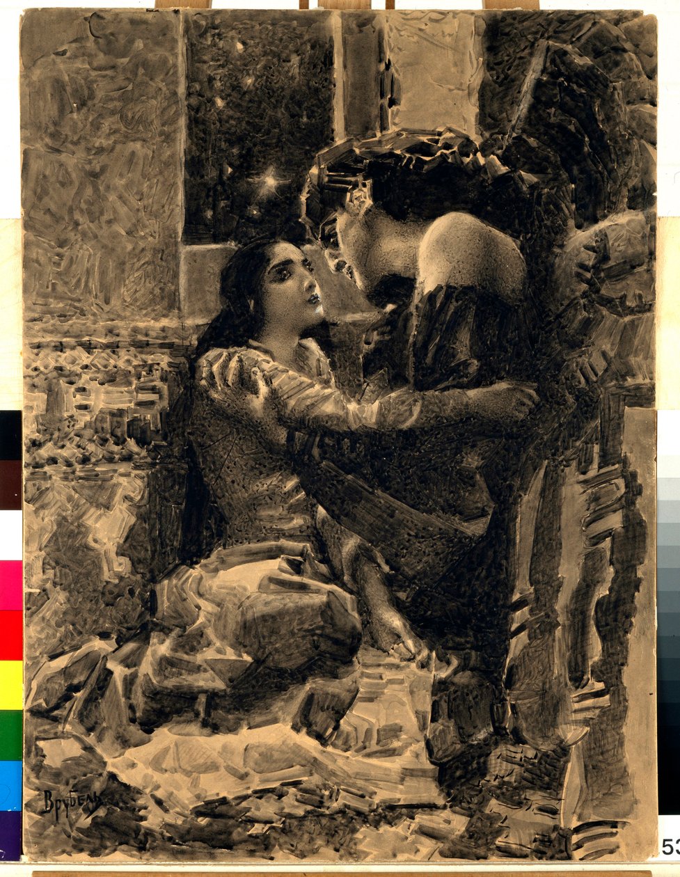 Tamara ja demoni - Kuvitus Mihail Lermontovin (1814-1841) runosta "Demoni" - Mihail Aleksandrovich Vrubelin (Vrubel) (1856-1910) taideteos tekijältä Mikhail Aleksandrovich Vrubel