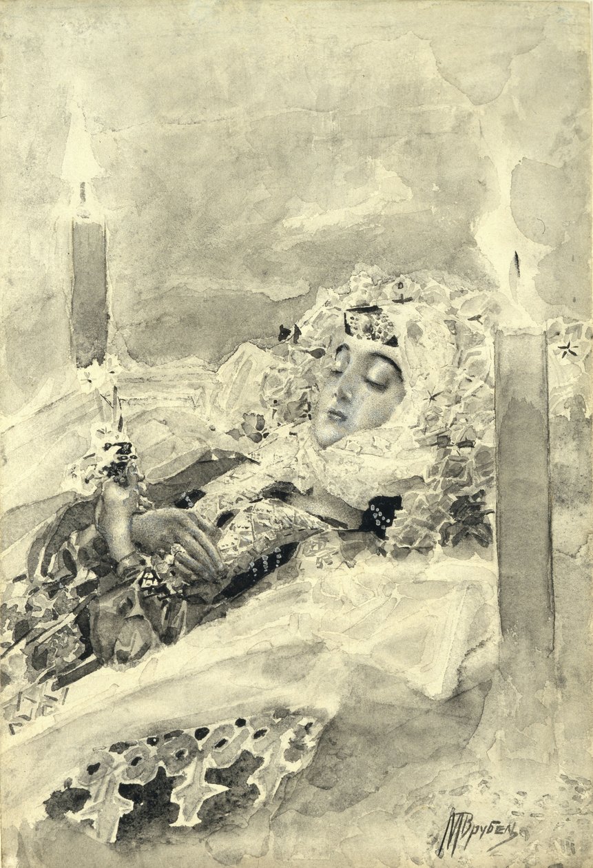 Tamara arkussa. Kuvitus Mikhail Lermontovin runoon Demoni, 1890-1891 tekijältä Mikhail Aleksandrovich Vrubel