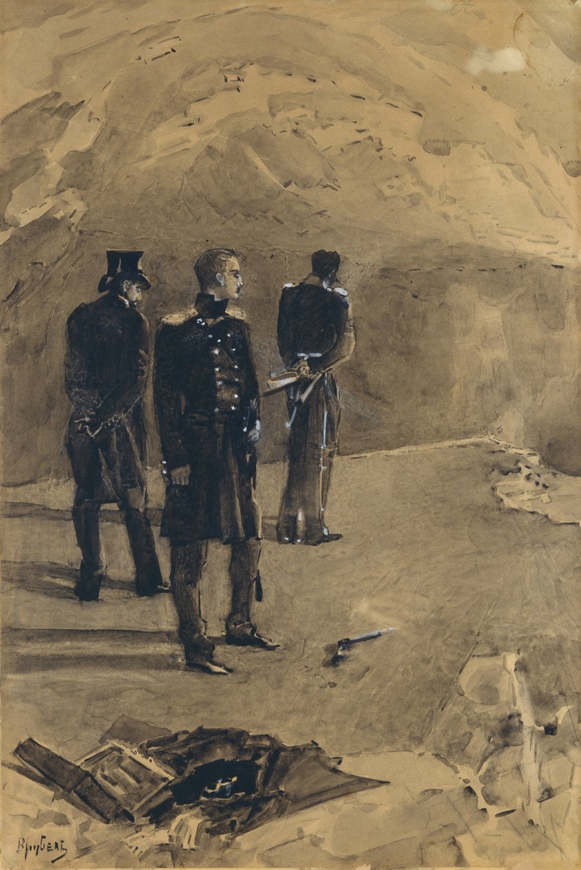Pechorinin ja Grushnitskyn kaksintaistelu. Kuvitus Mihail Lermontovin romaaniin Aikamme sankari, 1891 tekijältä Mikhail Aleksandrovich Vrubel