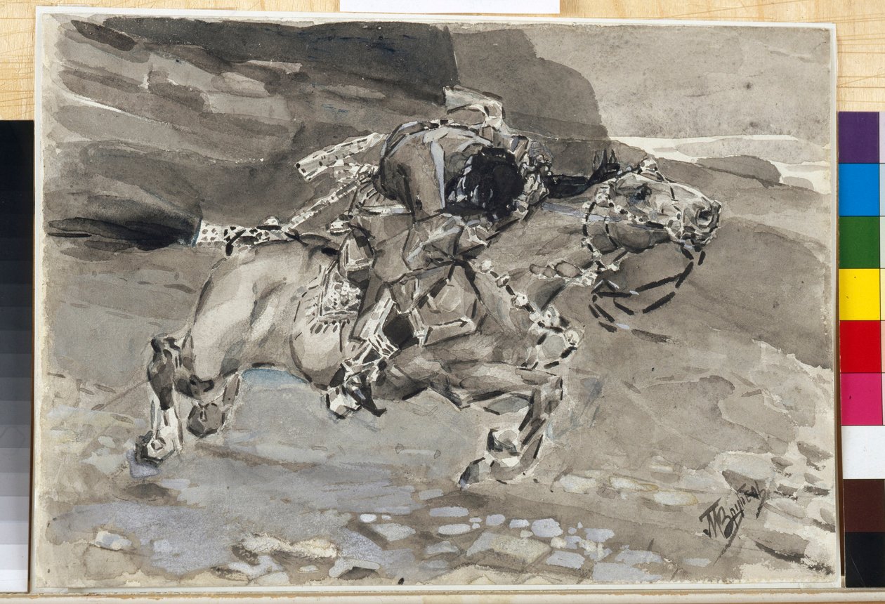 Ratsumies - Kuvitus Mihail Lermontovin (1814-1841) runosta "Demoni" - Mihail Aleksandrovitš Vrubelin (Vrubel) (1856-1910) taideteos tekijältä Mikhail Aleksandrovich Vrubel