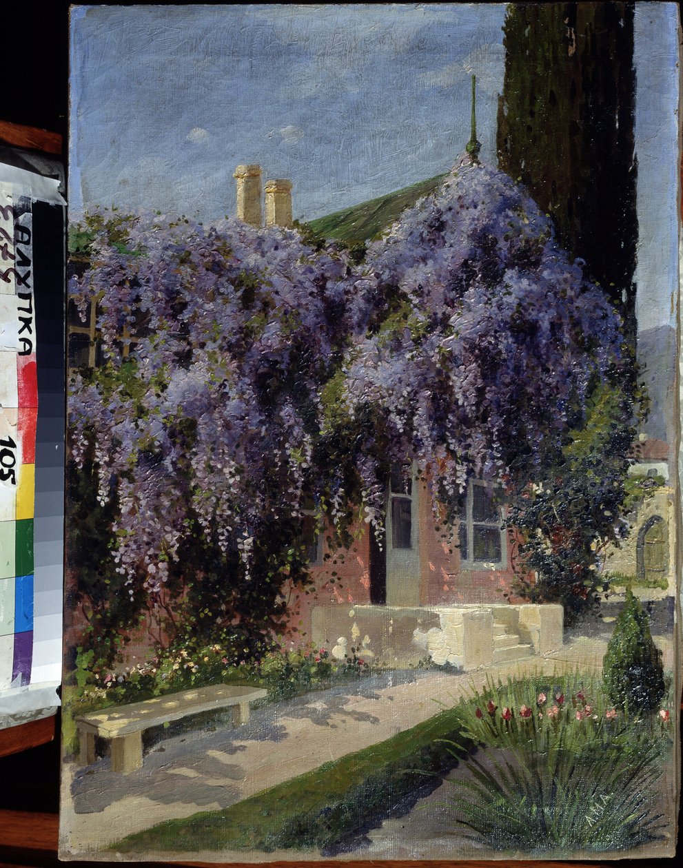 Talo, joka on kietoutunut wisteriaan. Mihail Aleksandrovitš Alisovin (1859-1933) maalaus. Öljy kankaalle, 62,3 x 44,4 cm. Venäläinen koulu 1900-luvun alussa. Arkkitehtuurin ja taiteen museo, Alupka, Ukraina. ©FineArtImage/Leemage tekijältä Mikhail Alexandrovich Alisov