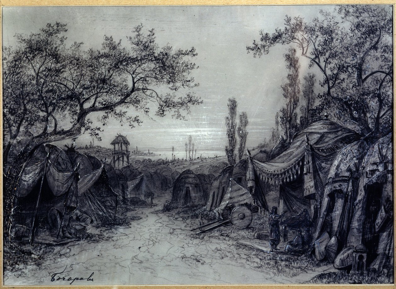 Valmisteleva sisustus Alexandre Borodinin (1833-1887) oopperaan "Prinssi Igor" (A. Borodinin "Prinssi Igor" -oopperan lavasuunnittelu). Puiden kehystetty sotilaallinen telttojen leiri, jossa on kolme hahmoa, mukaan lukien muusikko. Taidetta Mikhail Ily tekijältä Mikhail Ilyich Bocharov