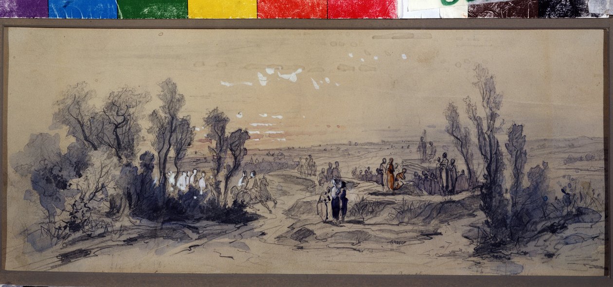 Verhosuunnittelu Piotr Ilitch Tšaikovskin (1840-1893) oopperaan "Mazepa" (P. Tšaikovskin "Mazepa" -oopperan verhosuunnittelu). Mihail Iljitš Botšarovin (1831-1895) teos. Akvarelli paperille tekijältä Mikhail Ilyich Bocharov