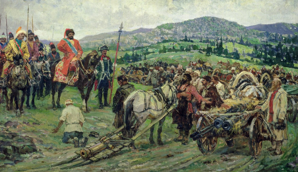 Talonpoikaiskapinan johtajan Emeljan Pugatševin avustaminen Uralissa (öljy kankaalle) tekijältä Mikhail Ivanovich Avilov
