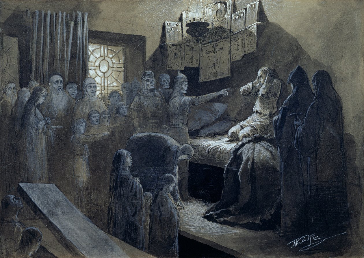 Ivan IV (1530-84) Kauhea, jonka luona hänen murhaamiensa haamut vierailivat (kynä ja muste vartalovärillä paperilla) tekijältä Mikhail Konstantinovich Klodt
