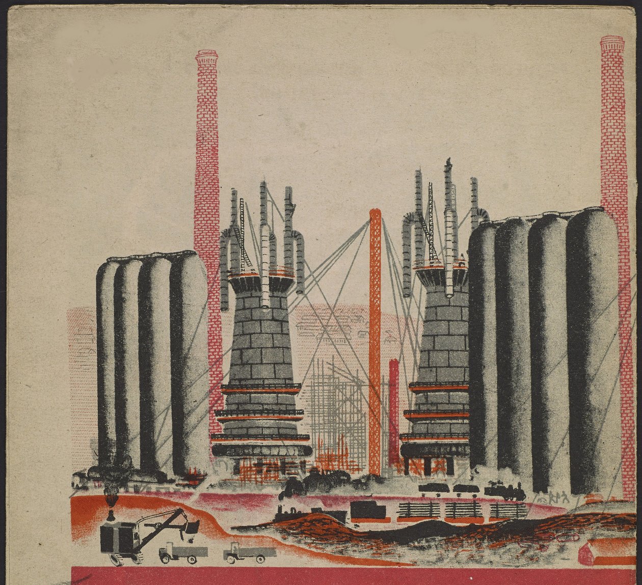 Illustration du livre pour enfants ""Combinat metallurgique Kuznets : un geant socialiste"" - Kuvitus lastenkirjaan "Kuznets Metallurgical Combine: A Socialist Giant", kirjoittanut Gurevich, Mihail Lvovich (1904-1943). Värillinen litografia tekijältä Mikhail Lvovich Gurevich