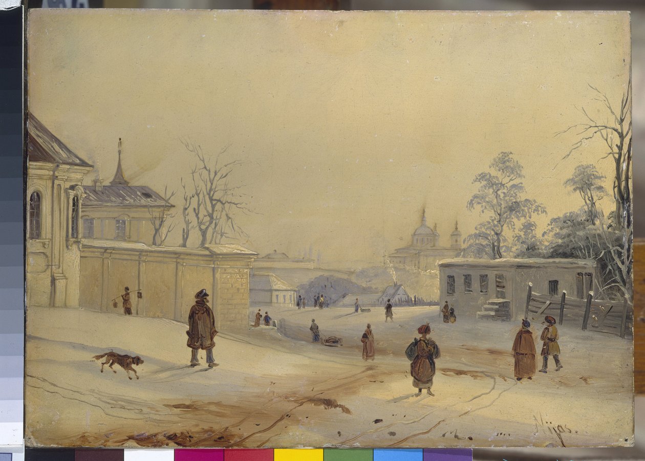 Vladimirin kukkula Kiovassa (Vladimir Hill (Vladimirskaya Gorka) Kiovassa). Maisema lumen alla. Mihail Makarovich Sazhinin (1818-1887) työ, öljy pahville. 1800-luvun venäläinen taide. Venäjän valtionmuseo, Pietari tekijältä Mikhail Makarovich Sazhin