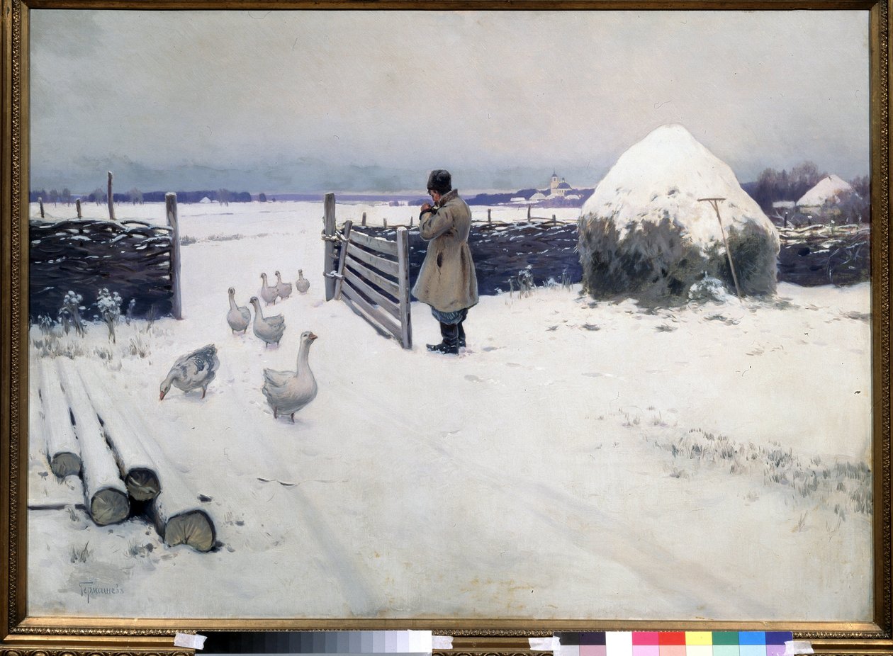 Ensimmäinen lumi on satanut. Mihail Markianovich Germashevin (1867-1930) maalaus, öljy kankaalle, noin 1890, 1800-luvun venäläistä taidetta. Valtion Tretjakovin galleria, Moskova. tekijältä Mikhail Markianovich Germashev