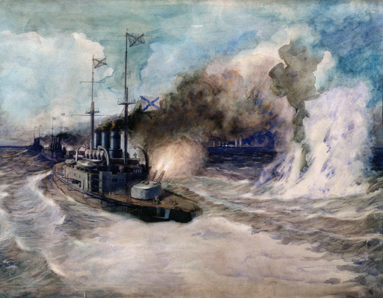 Meritaistelu Mustanmeren laivaston ja saksalaisen panssaroidun risteilijän Goebenin välillä 5. marraskuuta 1914 - Mihail Mihailovich Semjonovin taideteos ( tekijältä Mikhail Mikhailovich Semyonov