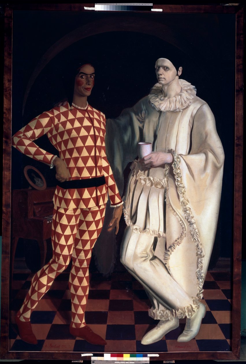 Harlekiini ja Pierrot (omakuvia, Comedia dell Arten puvuissa) - Harlequin ja Pierrot (omakuvat) - Aleksanteri Jevgenjevitš Jakovlevin (Alexandre Iacovleff) maalaus (1887-1938), öljy kankaalle tekijältä Mikhail Nikolayevich Yakovlev