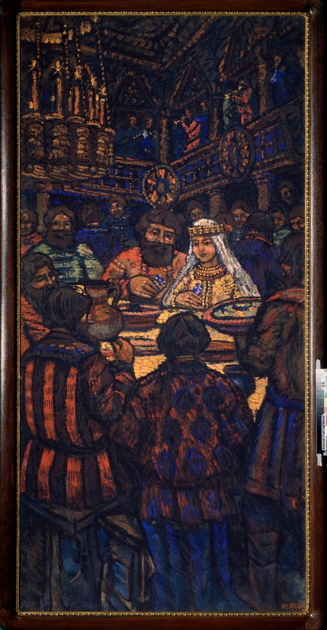 Suurruhtinas Vladimir I Svjatoslavitšin häät (tunnetaan nimellä Suuri tai punainen aurinko, 958-1015) (Suurruhtinas Vladimir I Svjatoslavitšin häät) Hääjuhlakohtaus - Mihail Nikolajevitš Jakovlevin (1880-1942) maalaus, öljy kangas, noin 1920 tekijältä Mikhail Nikolayevich Yakovlev