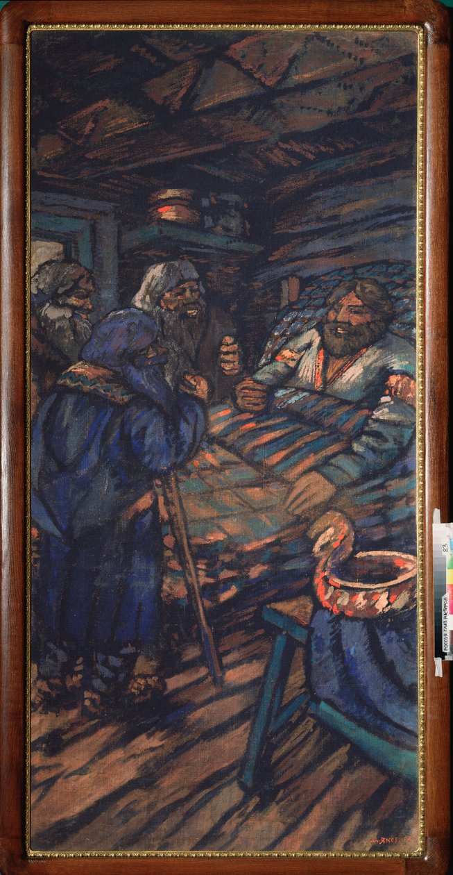 Suurruhtinas Vladimir I Svjatoslavitšin häät (tunnetaan suurena tai punaisena aurinkona, 958-1015) (Suurruhtinas Vladimir I Svjatoslavitšin häät) Vladimir alitin ympärillä on kolme vanhaa miestä - Mihail Nikolajevitš Jakovlevin (1880-) maalaus 1942), öljy tekijältä Mikhail Nikolayevich Yakovlev